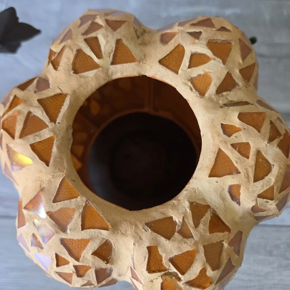 Autumn Mosaic Glass Pumpkin Tealight Holder on Metal Sunflower Tricycle Stand